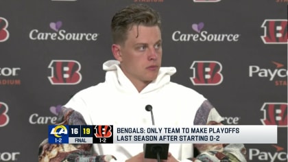 Cincinnati Bengals quarterback Joe Burrow talks to press following Week 3  win vs. Los Angeles Rams