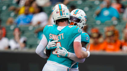 Miami Dolphins quarterback Reid Sinnett (4) prepares to throw the ball on  the field before the start of an NFL football game against the Indianapolis  Colts, Sunday, Oct. 3, 2021, in Miami