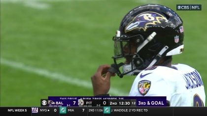 Baltimore Ravens wide receiver Rashod Bateman (7) throws around a rugby  ball om the sidelines during the second half of an NFL football game  against the Cleveland Browns, Sunday, Oct. 23, 2022