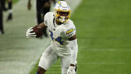 Los Angeles Chargers wide receiver K.J. Hill (84) wears a Salute to Service  headband and shirt before an NFL football game, Sunday, November 8, 2020,  in Inglewood, Calif. (AP Photo/Peter Joneleit Stock