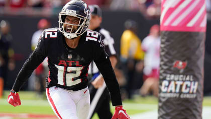 Atlanta Falcons wide receiver KhaDarel Hodge (12) works during the first  half of an NFL football game against the New Orleans Saints, Sunday, Sep.  11, 2022, in Atlanta. The New Orleans Saints