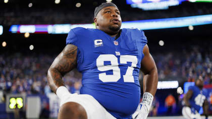 Dexter Lawrence of the New York Giants celebrates a sack against