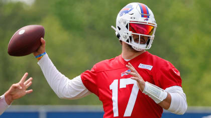 Buffalo Bills quarterback Josh Allen (17) gets set to hick the ball to  quarterback Josh Allen (17) against the Detroit Lions during an NFL  football game, Thursday, Nov. 24, 2022, in Detroit. (