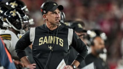 New Orleans, USA. August 13, 2023: New Orleans Saints Head Dennis Allen  encourages his players as they come off the field during NFL pre-season game  action between the New Orleans Saints and