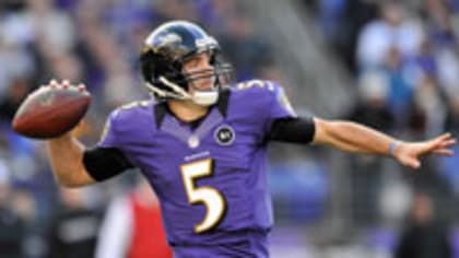 Baltimore Ravens QB Joe Flacco (5) throws his final warm-up pass