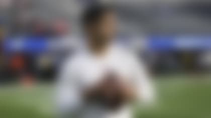 San Francisco 49ers quarterback Jimmy Garoppolo (10) throws the ball in warm ups prior to the NFC Championship NFL football game against the Los Angeles Rams, Sunday, Jan. 30, 2022, in Inglewood, Calif. The Rams won 20-17. (Ben Liebenberg via AP)
