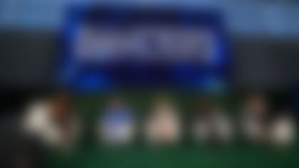 From left: Kayla Burton, Jackie MacMullan, Kristine Lilly, Michele Roberts and Kathy Delaney-Smith participate in a panel discussion commemorating the 50th anniversary of the passage of Title IX at Gillette Stadium. (Courtesy of the New England Patriots/Eric J. Adler)