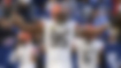 Cleveland Browns defensive end Myles Garrett (95) celebrates after a defensive touchdown during an NFL football game against the Indianapolis Colts, Sunday, Oct. 22, 2023, in Indianapolis. (AP Photo/Zach Bolinger)