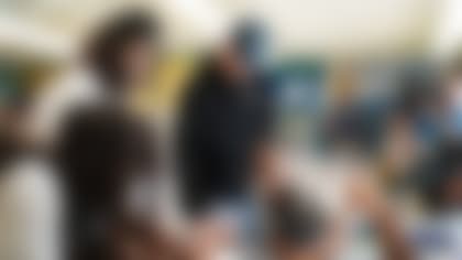 Students during the JG16 & Detroit Lions Academy STEAM Lab Ceremony with Detroit Lions quarterback Jared Goff (16) on September 20, 2022 in Detroit, MI. (Jeff Nguyen/Detroit Lions).