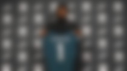 Newly drafted Philadelphia Eagles' Jalen Carter poses for a photo after a news conference at the NFL football team's training facility, Friday, April 28, 2023, in Philadelphia. (AP Photo/Matt Slocum)