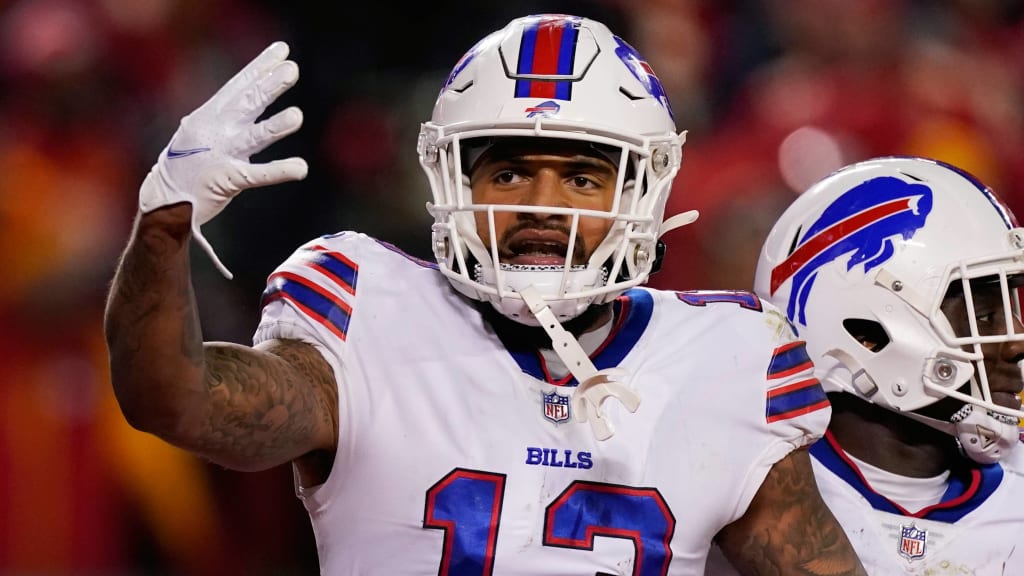 Buffalo Bills wide receiver Gabriel Davis (13) celebrates after scoring a  touchdown during the second half of an NFL wild-card playoff football game  against the New England Patriots, Saturday, Jan. 15, 2022