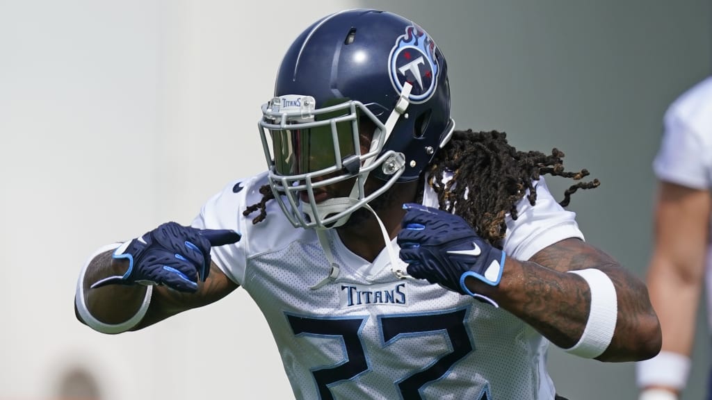 Tennessee Titans running back Derrick Henry runs a drill during NFL  football training camp Frid …