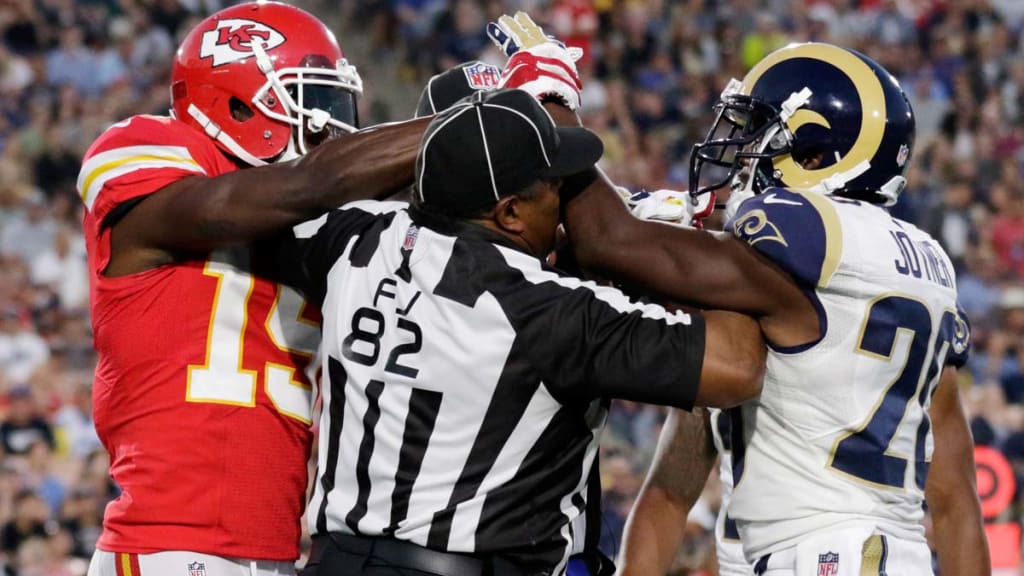 Los Angeles, California, USA. 20th Aug, 2016. Los Angeles rams Lamarcus  Joyner #20 walks off the field while being ejected for fighting with Kansas  City Chiefs Jeremy Maclin #19, both players were