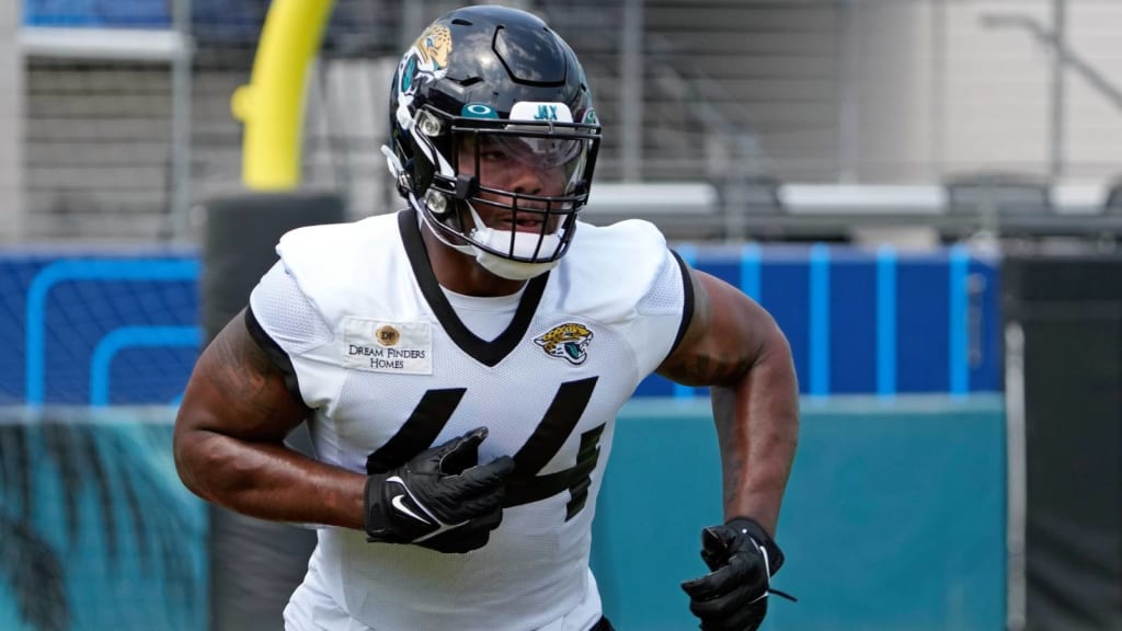 Jacksonville Jaguars linebacker Travon Walker (44) moves to the line of  scrimmage during an NFL football game against the Pittsburgh Steelers,  Saturday, Aug. 20, 2022 in Jacksonville, Fla. The Steelers defeat the