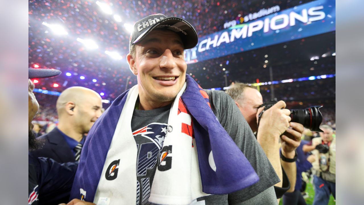 New England Patriots tight end Ron Gronkowski arrives on the field for  media day prior to Super Bowl XLVI in Indianapolis on January 31, 2012.  This is Gronkowski's first day without wearing