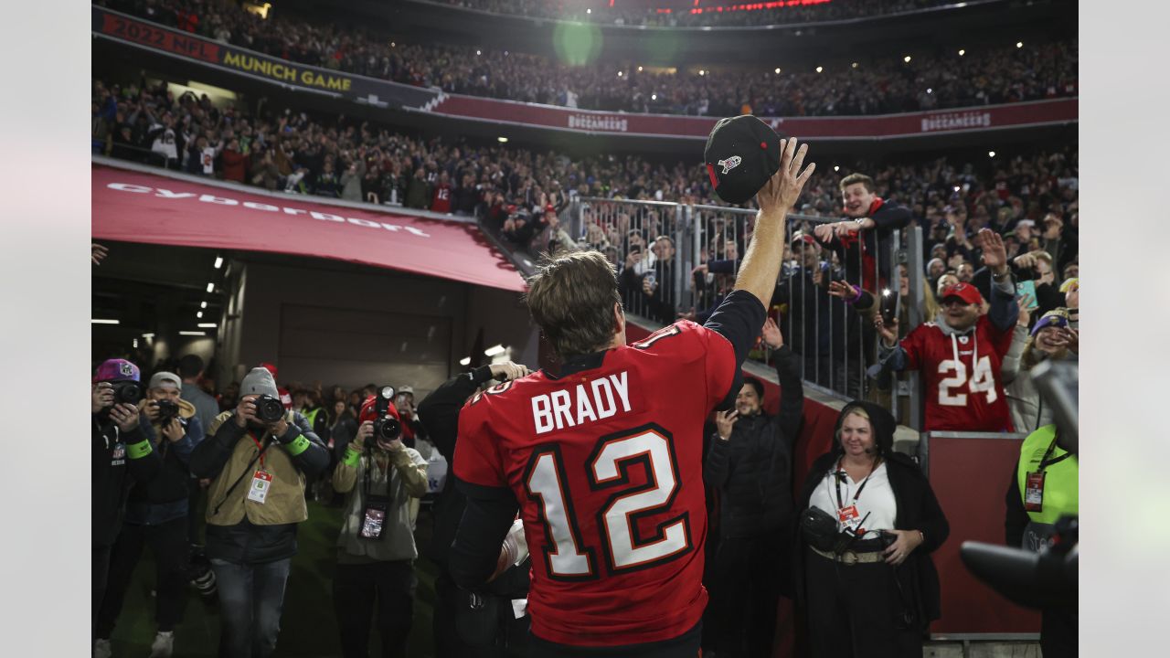 Tampa Bay Buccaneers quarterback Tom Brady (12) wears a Salute to Service  sticker during an NFL football game against the Los Angeles Rams, Sunday,  Nov. 6, 2022 in Tampa, Fla. The Buccaneers