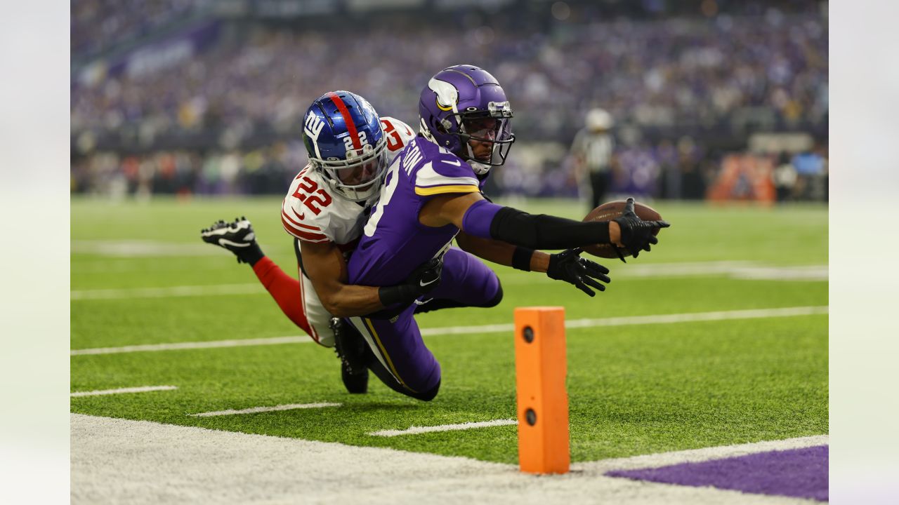 Minnesota Vikings wide receiver K.J. Osborn (17) celebrates with Minnesota  Vikings wide receiver Justin Jefferson (18) after a touchdown against the  New York Jets during the first half of an NFL football