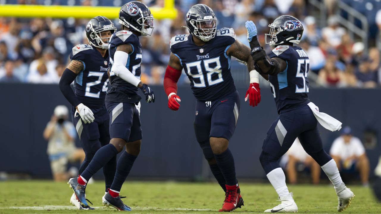 Tennessee Titans defensive tackle Jeffery Simmons (98) watches from the  sideline during the second half of a preseason NFL football game against  the Tampa Bay Buccaneers, Saturday, Aug. 21, 2021, in Tampa