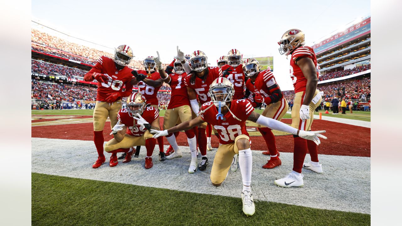 San Francisco 49ers linebacker Fred Warner (54) and Dallas Cowboys wide  receiver CeeDee Lamb (88) after a stop during an NFL divisional round  playoff football game, Sunday, Jan. 22, 2023, in Santa