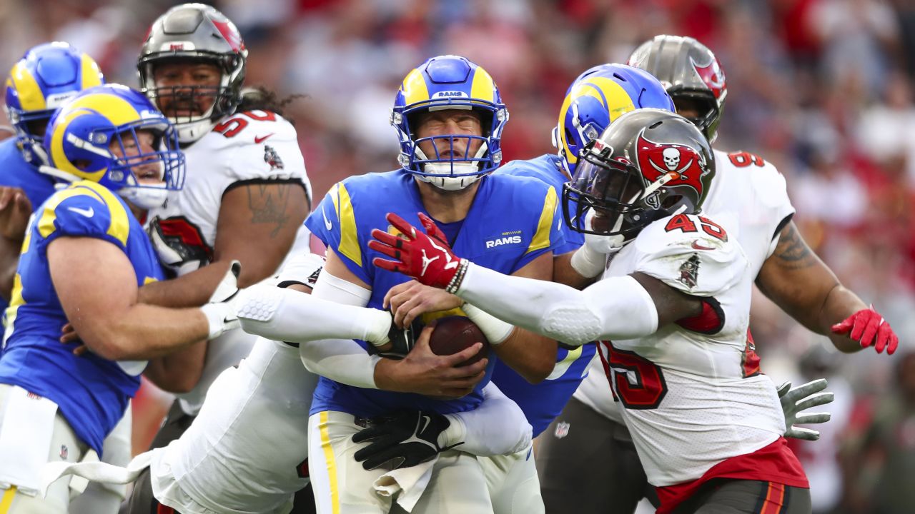 Tampa Bay Buccaneers quarterback Tom Brady (12) wears a Salute to Service  sticker during an NFL football game against the Los Angeles Rams, Sunday,  Nov. 6, 2022 in Tampa, Fla. The Buccaneers