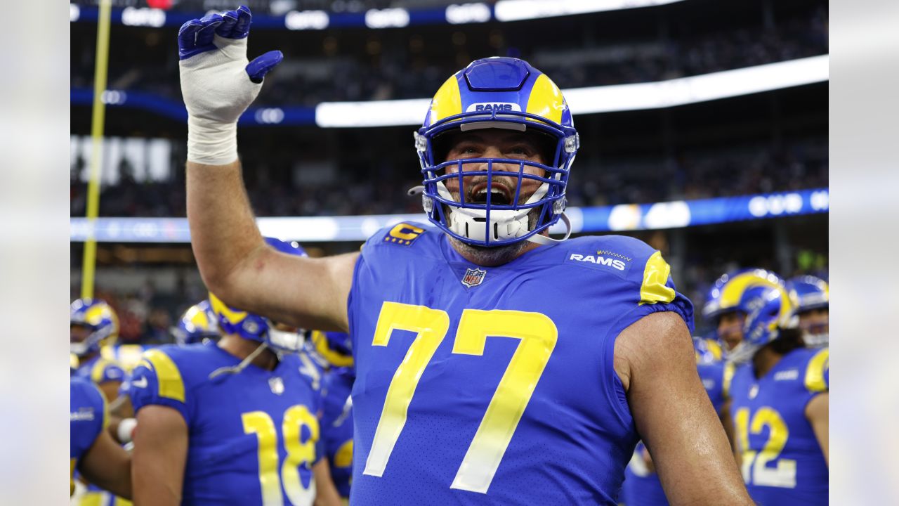 Los Angeles Rams defensive end Aaron Donald (99) celebrates during the  first half of an NFL wild-card playoff football game against the Arizona  Cardinals in Inglewood, Calif., Monday, Jan. 17, 2022. (AP