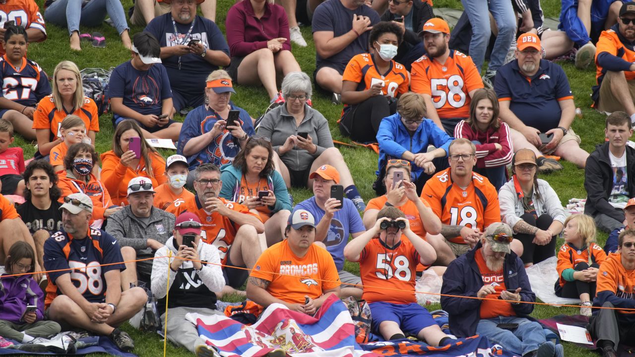 Denver Broncos quarterback Drew Lock (3) andd Denver Broncos quarterback  Teddy Bridgewater (5) taking part in drills at an NFL football training  camp at team headquarters Saturday, July 31, 2021, in Englewood