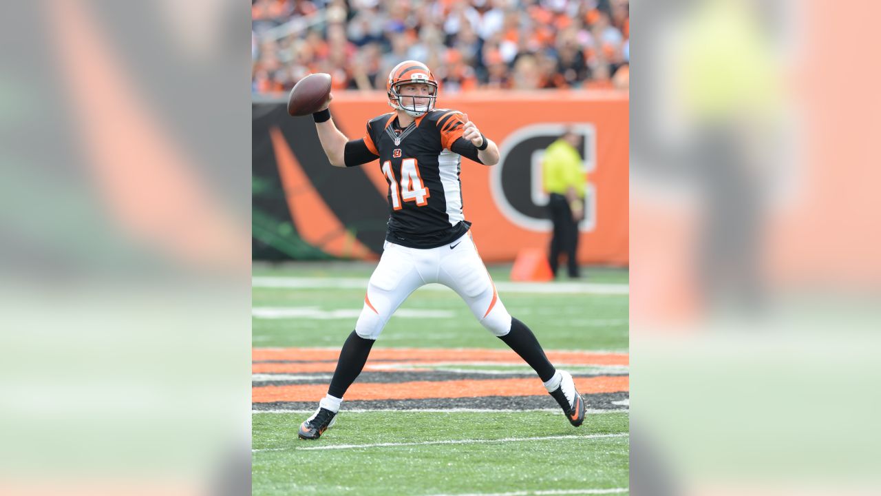 Chicago Bears quarterback Andy Dalton (14) runs the ball against the  Cincinnati Bengals during an NFL