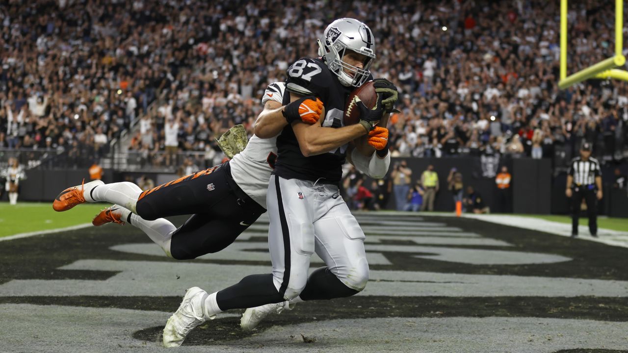 Oakland, California, USA. 17th Nov, 2019. Oakland Raiders tight end Foster  Moreau (87) celebrates his touchdown, during a NFL game between the  Cincinnati Bengals and the Oakland Raiders at the Oakland Coliseum