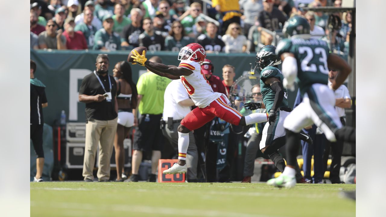 October 3, 2021: Kansas City Chiefs wide receiver Tyreek Hill (10) runs  with the ball after the catch during the NFL game between the Kansas City  Chiefs and the Philadelphia Eagles at