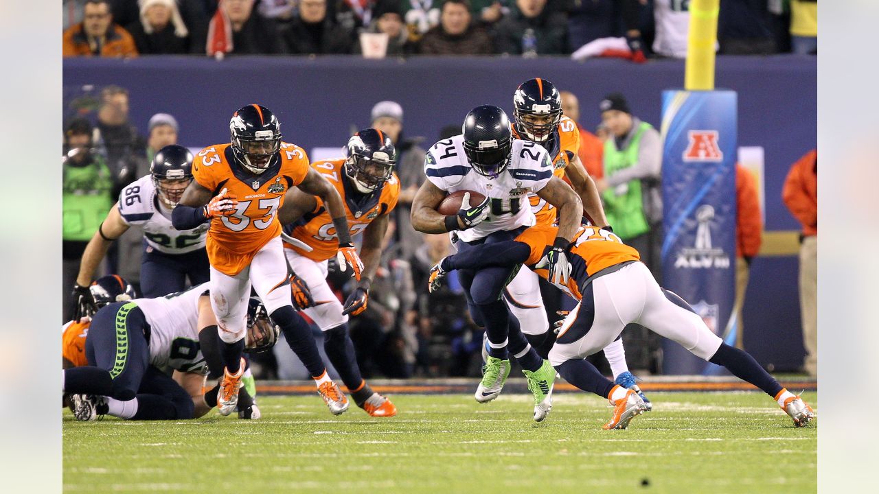 Seattle Seahawks running back Marshawn Lynch (24) rushes for no gain as he  is down on the Denver 1 yard line at the Super Bowl XLVIII at MetLife  Stadium in East Rutherford