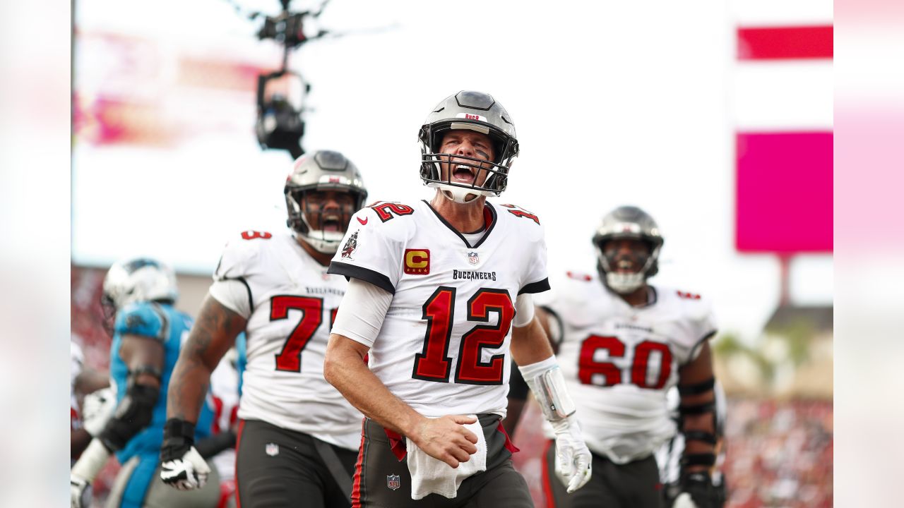 Tampa Bay Buccaneers quarterback Tom Brady (12) wears a Salute to Service  sticker during an NFL football game against the Los Angeles Rams, Sunday,  Nov. 6, 2022 in Tampa, Fla. The Buccaneers