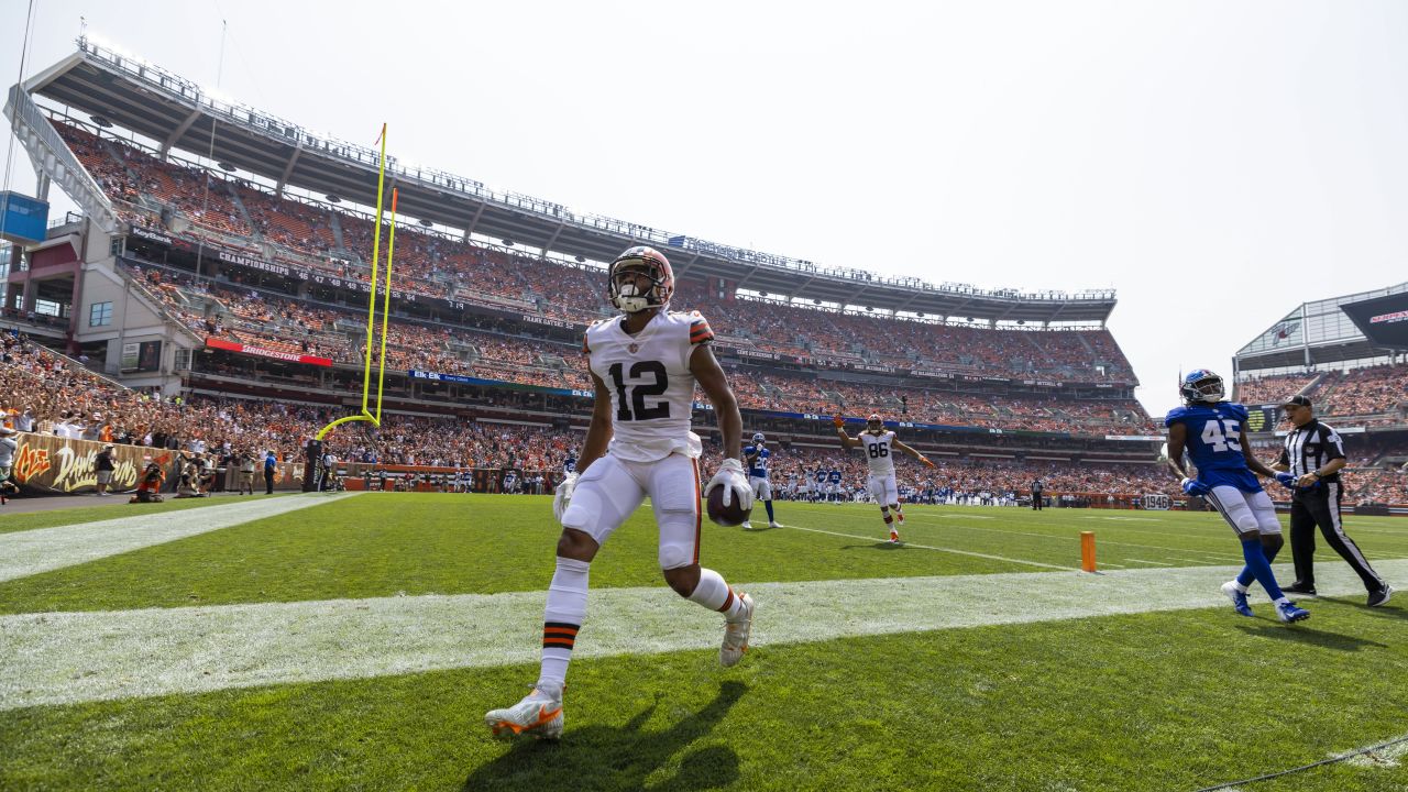 Cleveland Browns wide receiver KhaDarel Hodge (12) runs a route during an  NFL preseason football game