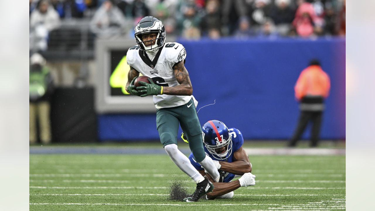 Philadelphia Eagles wide receiver DeVonta Smith (6) runs a route during an  NFL football game against the New York Giants, Sunday, Nov. 28, 2021, in  East Rutherford, N.J. The New York Giants
