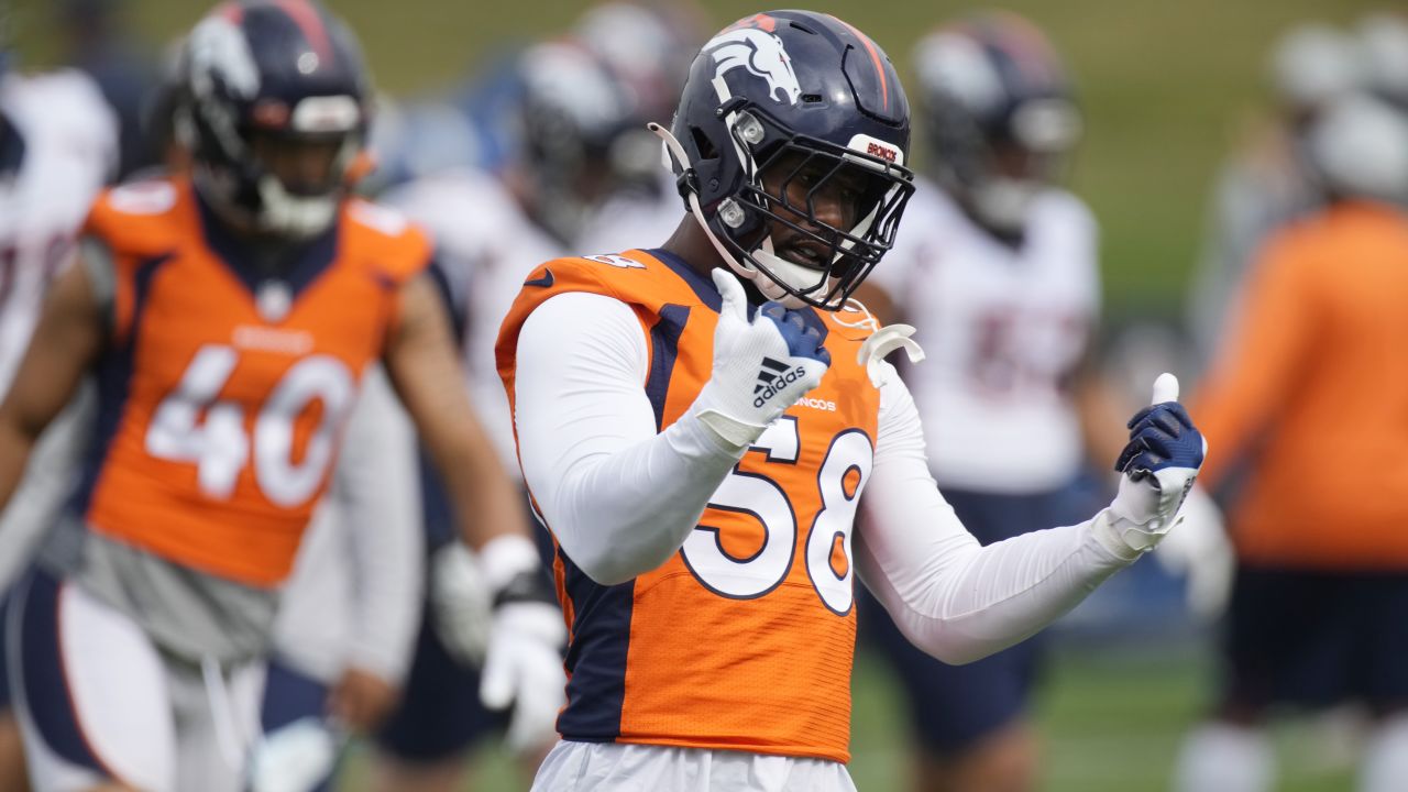 Denver Broncos quarterback Teddy Bridgewater (5) and Denver Broncos  quarterback Drew Lock (3) taking part in drills at an NFL football training  camp at team headquarters Saturday, July 31, 2021, in Englewood