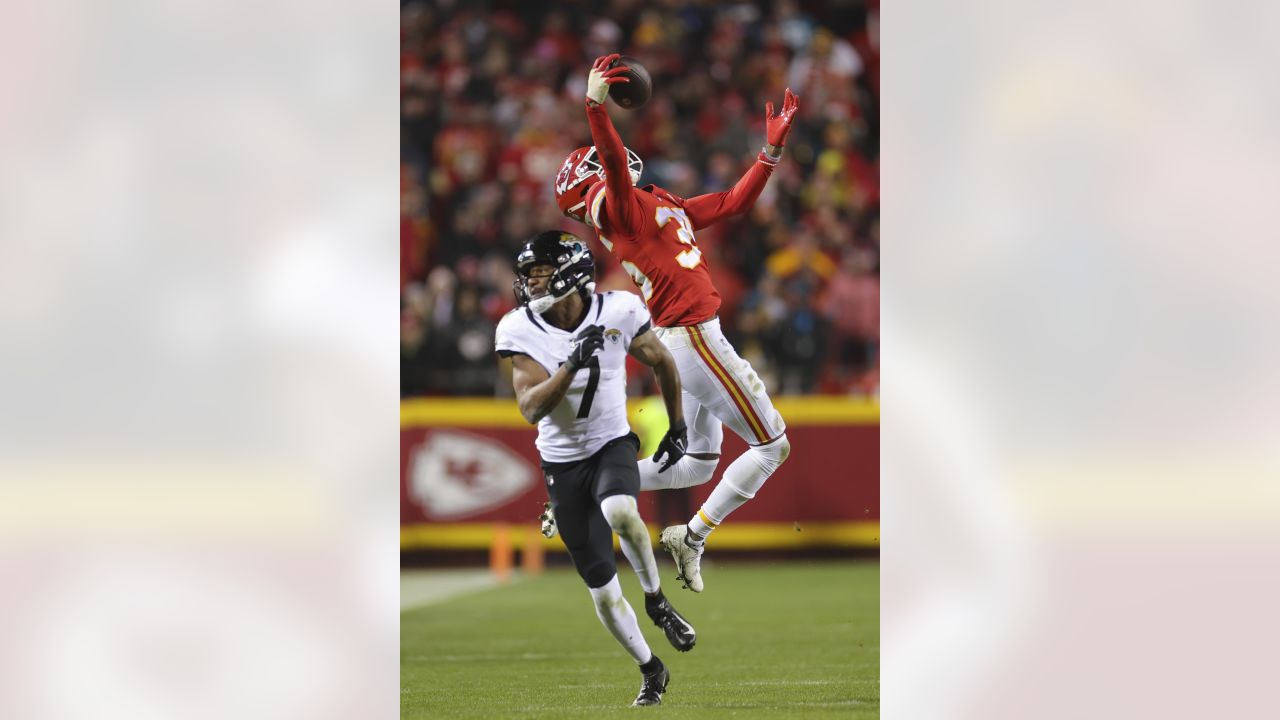 Jacksonville Jaguars cornerback Tyson Campbell during the first half of an  NFL divisional round playoff football game against the Kansas City Chiefs,  Saturday, Jan. 21, 2023 in Kansas City, Mo. (AP Photo/Reed