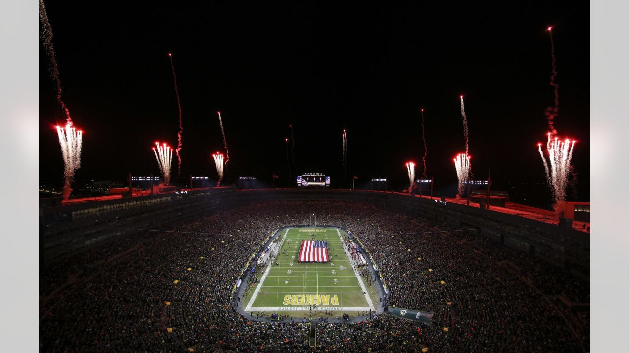 A general view of Lambeau Field as the National anthem is played before an  NFL game between the Green Bay Packers and the New York Jets Sunday, Oct. 16,  2022, in Green