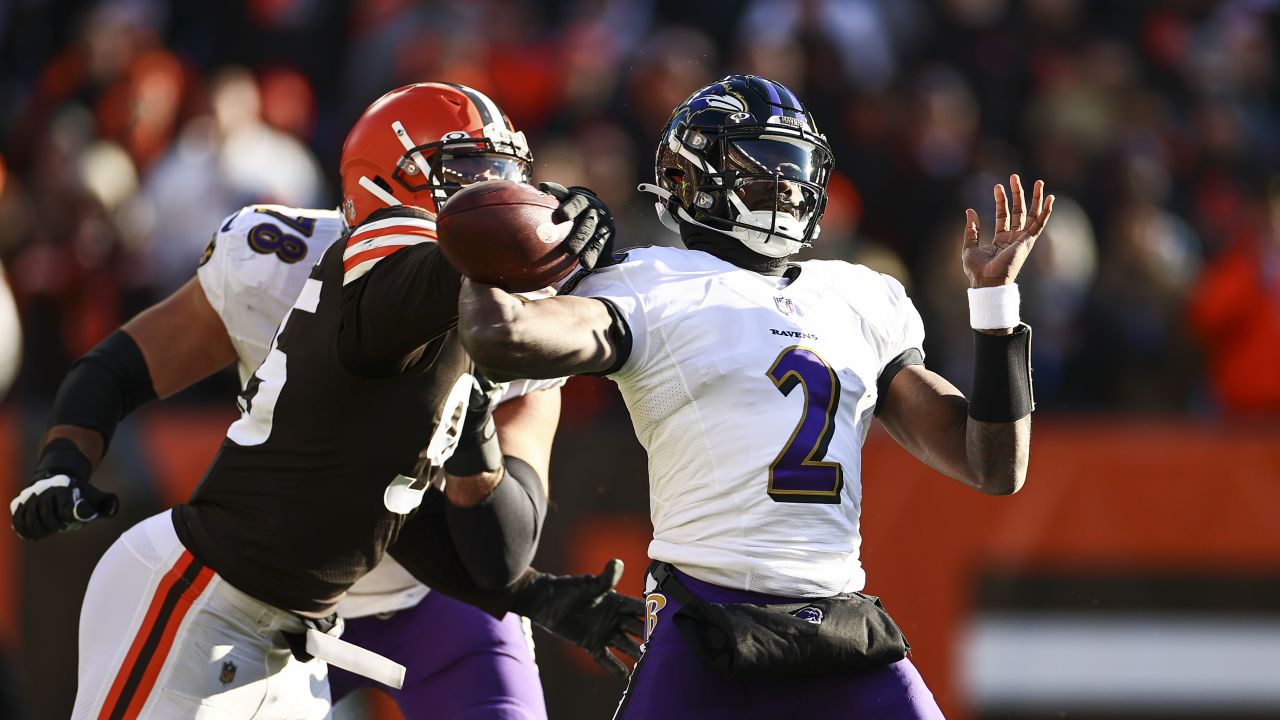 Cleveland Browns defensive end Myles Garrett (95) celebrates after sacking  Tampa Bay Buccaneers quarterback Tom Brady (12) during the second half of  an NFL football game in Cleveland, Sunday, Nov. 27, 2022.