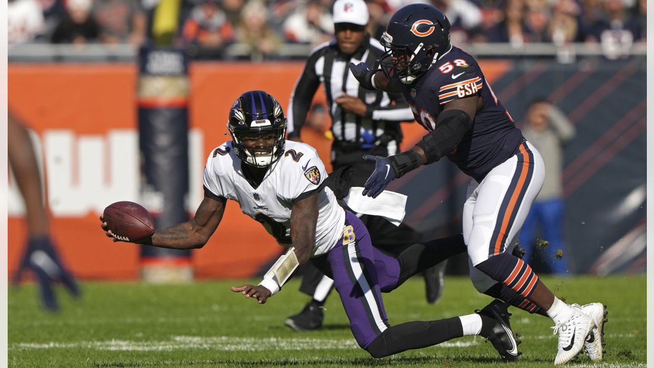 CHICAGO, IL - NOVEMBER 21: A detail view of a Baltimore Ravens helmet is  seen during a game between the Chicago Bears and the Baltimore Ravens on  November 21, 2021 at Soldier