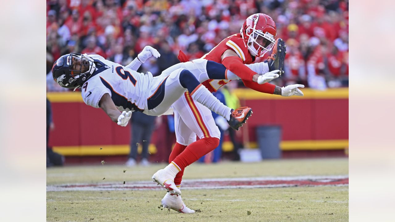 Kansas City Chiefs cornerback Trent McDuffie forces Detroit Lions wide  receiver Marvin Jones Jr. into a red-zone fumble recovered by Chiefs safety  Bryan Cook