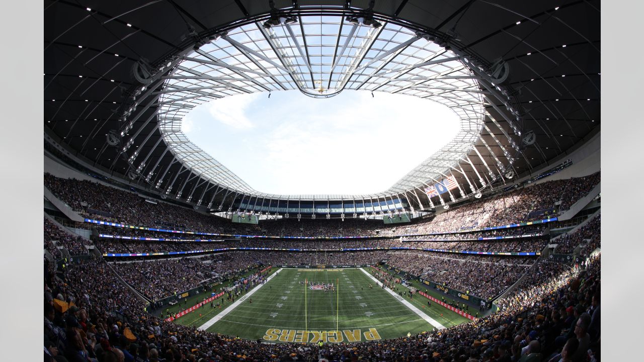 A general view of the screen showing the attendance during an NFL football  game between the Green Bay Packers and the New York Giants at Tottenham  Hotspur Stadium in London, Sunday, Oct.