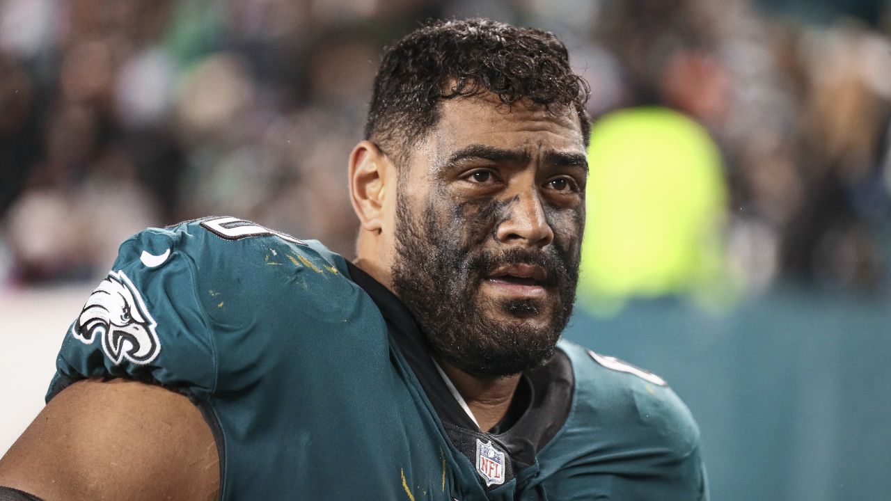 Philadelphia Eagles offensive tackle Jordan Mailata (68) reacts walking off  the field against the New York