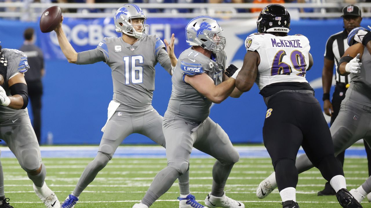 Baltimore Ravens quarterback Lamar Jackson (8) drops to pass against the Detroit  Lions in the first half of an NFL football game in Detroit, Sunday, Sept.  26, 2021. (AP Photo/Duane Burleson Stock