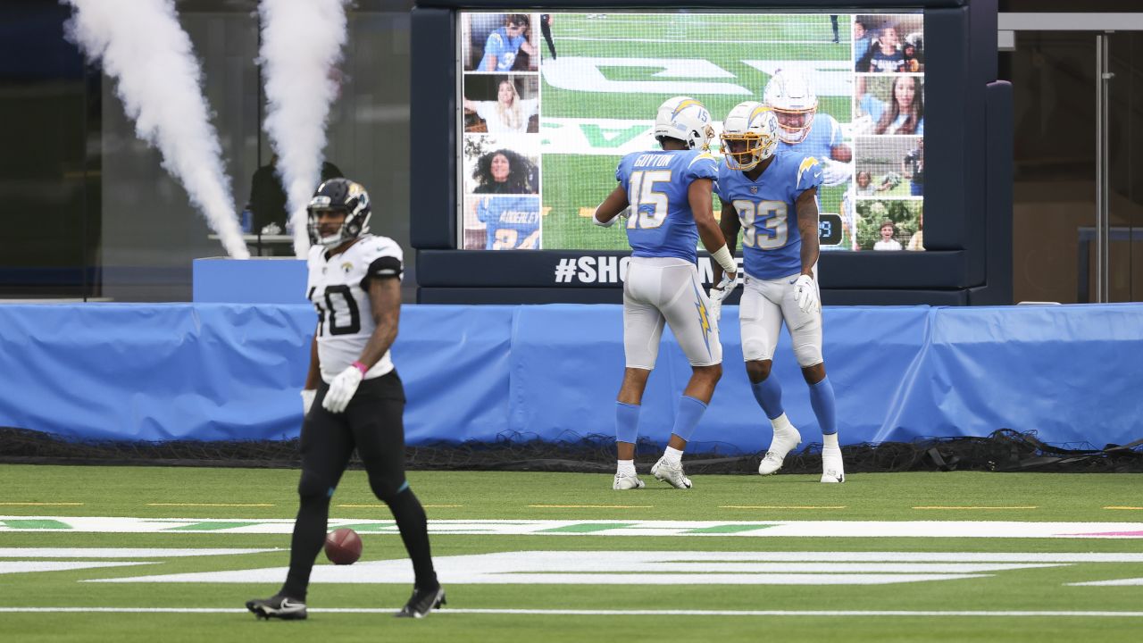 Los Angeles Chargers wide receiver Tyron Johnson (83) working out on the  field before an NFL football game against the Jacksonville Jaguars, Sunday,  October 25, 2020 in Inglewood, Calif. The Chargers defeated