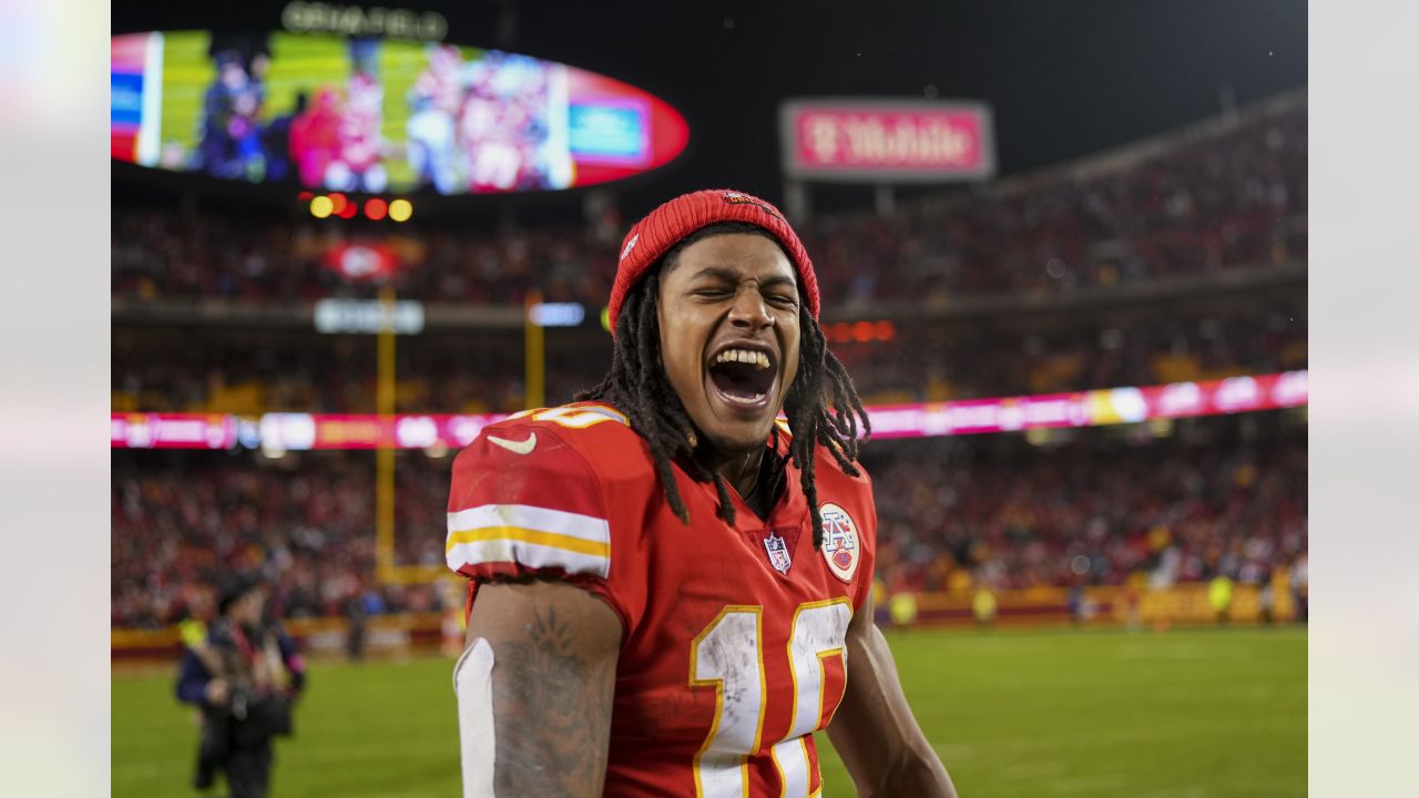 Kansas City Chiefs running back Isiah Pacheco celebrates with fans after a  win against the Jacksonville Jaguars during an NFL Divisional Playoff  football game Saturday, Jan. 21, 2023, in Kansas City, Mo. (