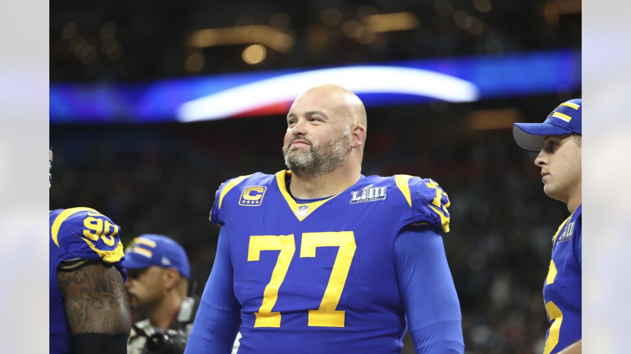 Los Angeles Rams offensive tackle Andrew Whitworth (77) walks back