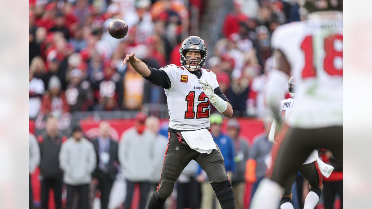 Tampa Bay Buccaneers quarterback Tom Brady (12) wears a Salute to Service  sticker during an NFL football game against the Los Angeles Rams, Sunday,  Nov. 6, 2022 in Tampa, Fla. The Buccaneers