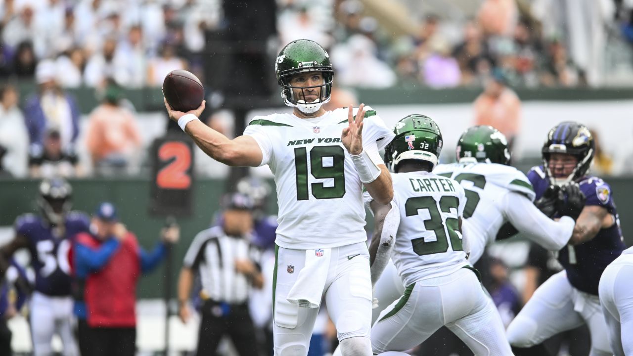 EAST RUTHERFORD, NJ - AUGUST 22: New York Jets quarterback Joe Flacco (19)  is pictured prior to the National Football League preseason game between  the Atlanta Falcons and the New York Jets