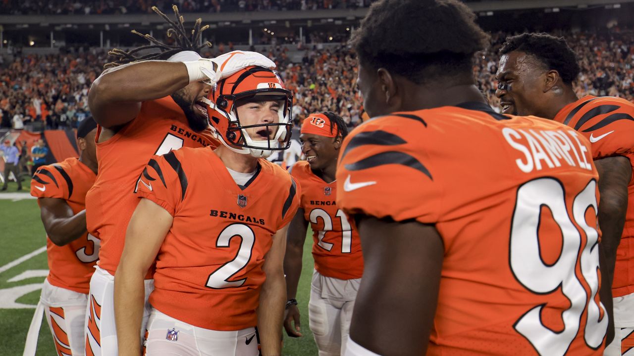 Cincinnati Bengals kicker Evan McPherson (2) runs off the field after an  NFL football game against the New York Jets, Sunday, Oct. 31, 2021, in East  Rutherford, N.J. (AP Photo/Adam Hunger Stock