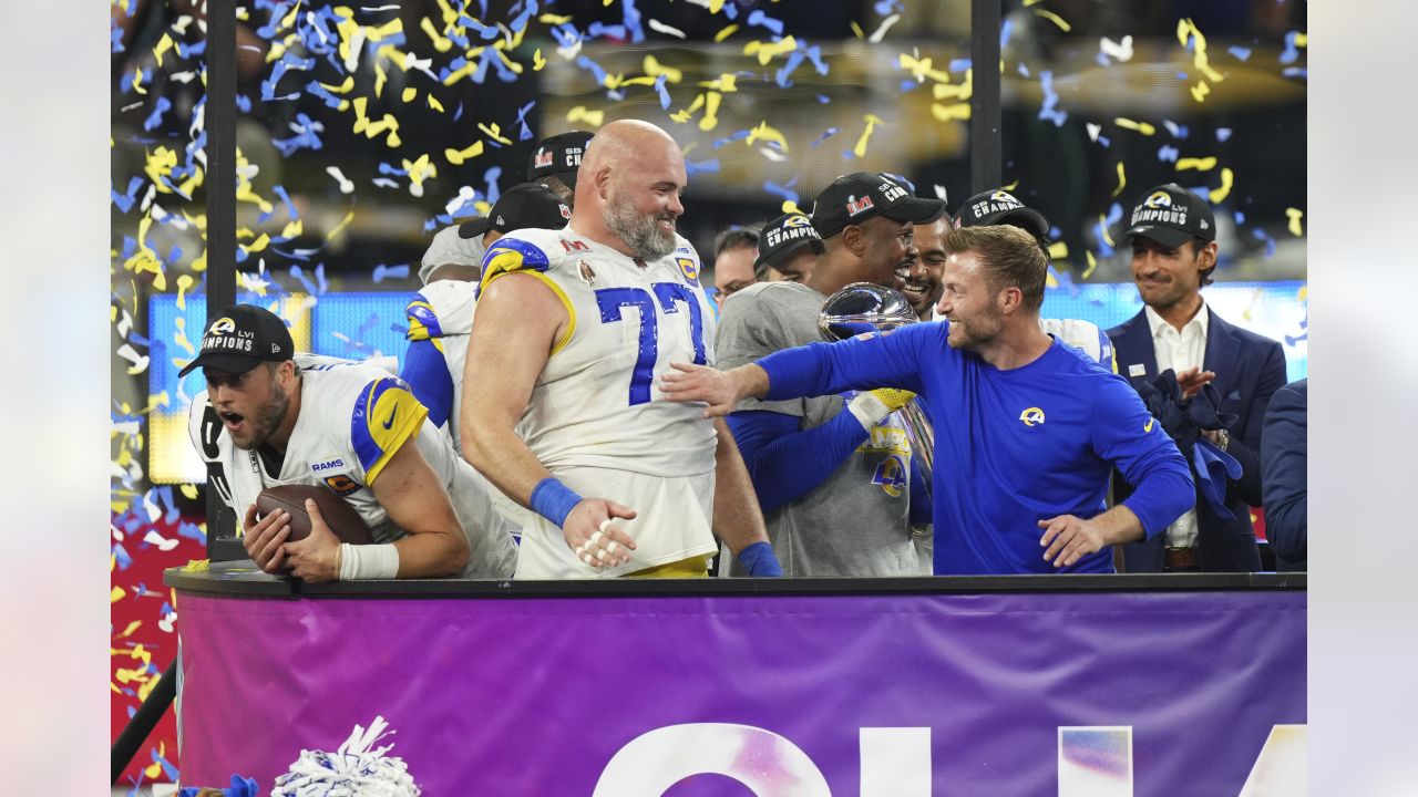 Los Angeles Rams offensive tackle Andrew Whitworth (77) celebrates after  winning the NFL Super Bowl 56 football game against the Cincinnati Bengals,  Sunday, Feb. 13, 2022 in Inglewood, CA. (AP Photo/Tyler Kaufman