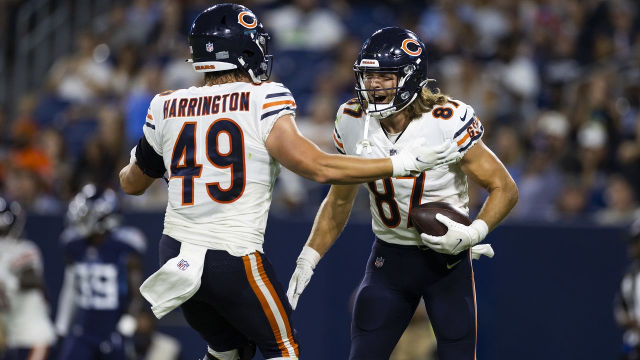 Chicago Bears tight end Jesper Horsted (87) celebrates his